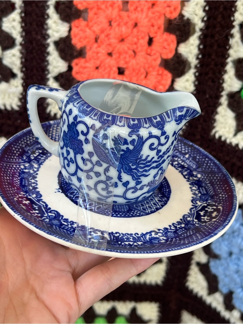 Vintage Blue White Transferware Creamer Underplate Floral Phoenix China Set